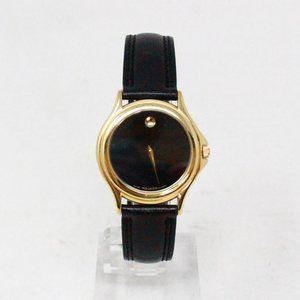 MOVADO Black Genuine Leather Strap Stainless Steel Gold Tone Watch item #40383